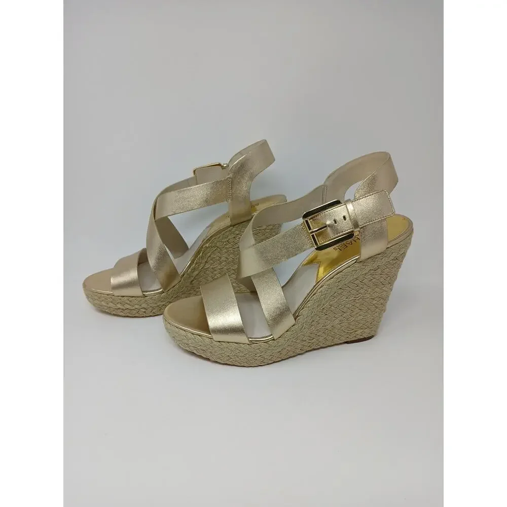 Michael Kors Giovanna MK Logo Pale Gold Espadrille Wedge Women’s US Size 10M New